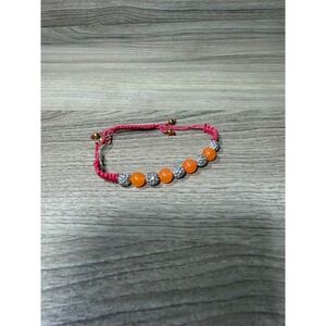 Boho Pink Macrame Bracelet Orange Beads Silver Pave Crystal Disco Ball Gift